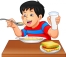 Маленький мальчик ест кашу и бутерброд
